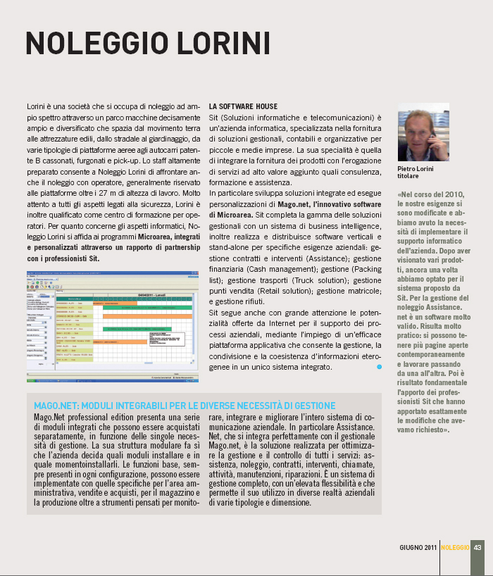 Assistance.Net software gestionale Noleggio Lorini - Rivista Noleggio Giugno 2011